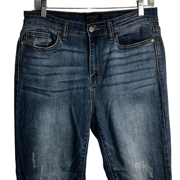 Judy Blue Distressed Skinny Jeans Size 11/30 Medium Wash Raw Hem Stretch Denim - Picture 2 of 7